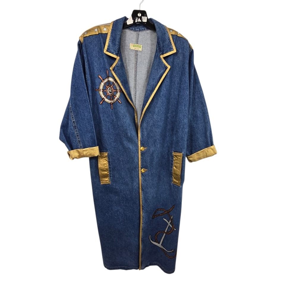 Vintage 90s Hand Painted Nautical Denim‎ Duster Jacket Women's 2X 3X Art-to-wear